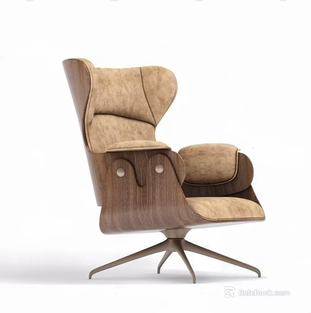 Modern Office Chair with Beige Fabric Upholstery Wooden Armrests and Metal Five Star Base 3d model 