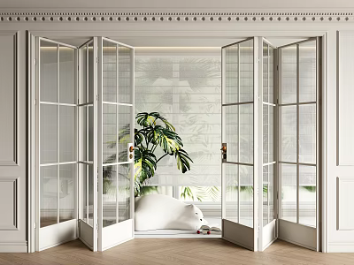Glass Folding Doors In Modern Interior Design With White Walls And Green Plants 3d model