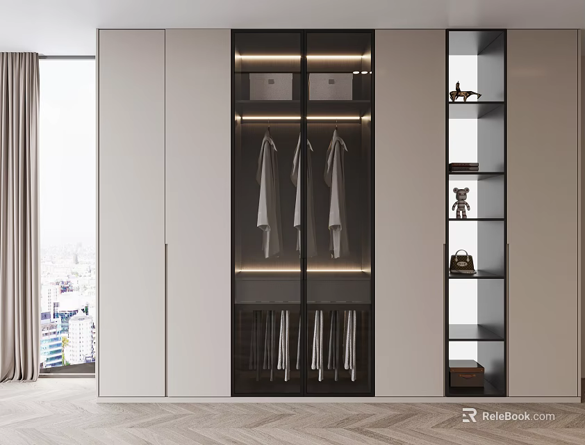 Modern Wardrobe Interior Design With Glass Doors LED Lighting And Hanging Storage 3d model 