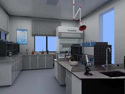 Modern Laboratory With Lab Benches Instruments Fume Hood And Clean Workspace 3d model