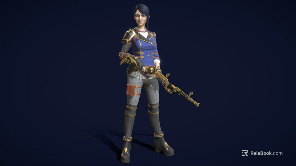 Female Warrior Holding Golden Decorated Gun Wearing Blue And Gold Outfit With Armor Details 3d model 
