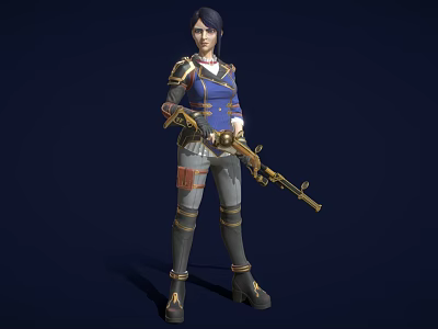 Female Warrior Holding Golden Decorated Gun Wearing Blue And Gold Outfit With Armor Details 3d model