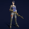 Female Warrior Holding Golden Decorated Gun Wearing Blue And Gold Outfit With Armor Details