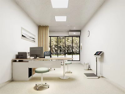 Bright Medical Consultation Room With White Walls Square Lights Long Desk Computer And Weight Scale 3d model