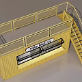 Yellow Shipping Container Building With Upper Deck Staircase Window And Signboard 3d model