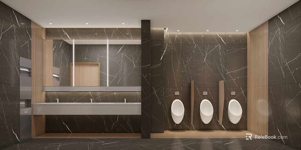 Modern Public Restroom Interior With Dark Marble Walls Urinals Mirrors And Washbasins 3d model 