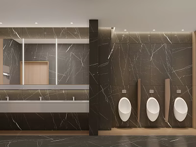 Modern Public Restroom Interior With Dark Marble Walls Urinals Mirrors And Washbasins 3d model