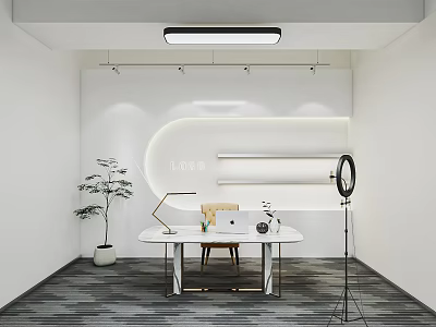 Modern Open Public Office Space Interior Design With Work Desk Potted Plant And Lighting Fixtures 3d model
