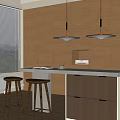 Modern Kitchen Interior With Wooden Island Bar Stools And Pendant Lights