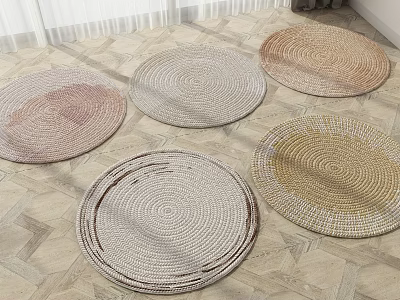 Woven Round Rugs in Various Neutral Tones on Geometric Patterned Floor 3d model
