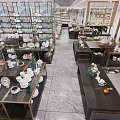 Elegant Restaurant Interior With Tableware Display Shelves Fresh Fruits Warm Lighting And Polished Countertops
