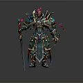 Game And Movie Character In Green And Gold Armor Holding Long Sword With Red Ribbons