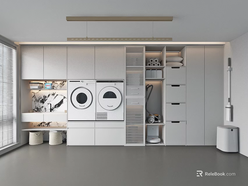 Modern Minimalist Home Balcony Design With Washing Machine Dryer And Storage Cabinets 3d model 