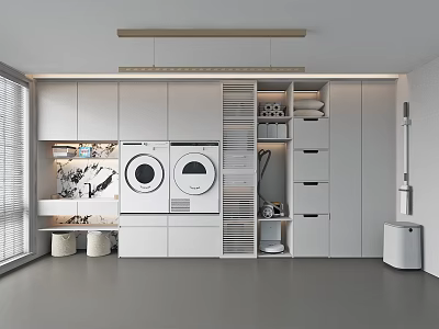 Modern Minimalist Home Balcony Design With Washing Machine Dryer And Storage Cabinets 3d model
