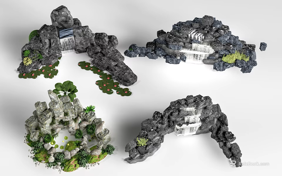 Natural Stone Wood Decorative Landscape Structures With Greenery Waterfalls And Circular Arches 3d model 