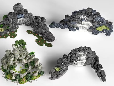 Natural Stone Wood Decorative Landscape Structures With Greenery Waterfalls And Circular Arches 3d model
