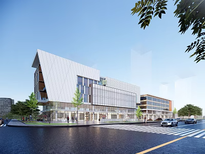 Modern Office Building Exterior With Glass Curtain Walls Trees And Street Vehicles 3d model