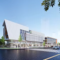 Modern Office Building Exterior With Glass Curtain Walls Trees And Street Vehicles