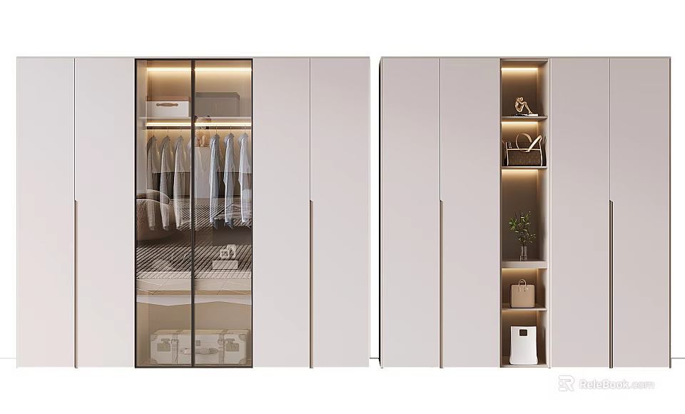 Modern White Wardrobe With Sliding Doors Interior Lighting And Storage Compartments 3d model 