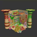 Colorful Miniature Toy Shop Display With Pillars Shelves And Various Items