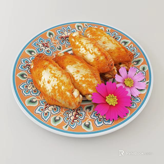 Grilled Chicken Wings Served on a Patterned Plate with Pink and Purple Flowers 3d model 