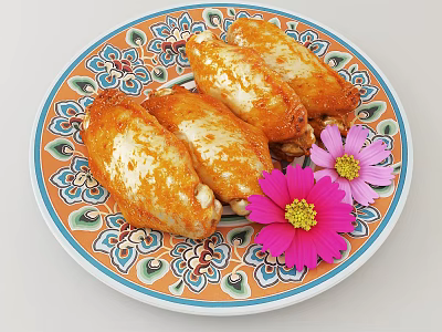 Grilled Chicken Wings Served on a Patterned Plate with Pink and Purple Flowers 3d model