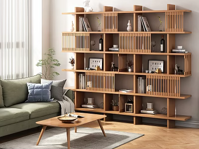Modern Wooden Shelving Unit In Living Room With Multilayer Open Design And Books Decorations Vases 3d model
