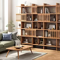 Modern Wooden Shelving Unit In Living Room With Multilayer Open Design And Books Decorations Vases