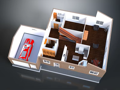 Cartoon House Floor Plan With Garage Red Car Staircase Wooden Floors And Rooms 3d model