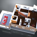 Cartoon House Floor Plan With Garage Red Car Staircase Wooden Floors And Rooms