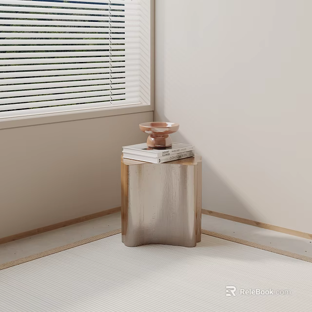 Stylish Side Table with Copper Bowl and Stack of Books by Window with Blinds 3d model 