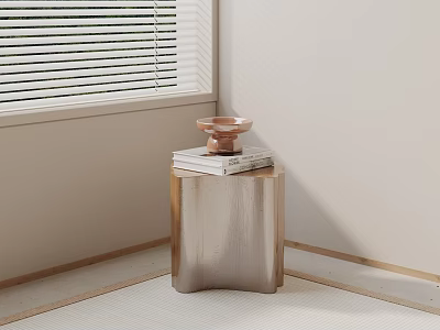 Stylish Side Table with Copper Bowl and Stack of Books by Window with Blinds 3d model