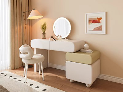 White Dressing Table With Round Mirror Painting Floor Lamp White Chair And Green Cushion Stool 3d model