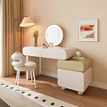 White Dressing Table With Round Mirror Painting Floor Lamp White Chair And Green Cushion Stool