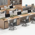 Modern Office Desk And Chair Set With Bookshelves And Computer Workstations In Workspace