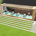 Building Entrance Area With Glass Railings Steps Lawn Wooden Chandeliers And People