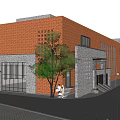 Modern Commercial Complex With Red Brick Structure Grey Roof Windows And Greenery 3d model