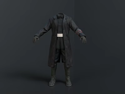 Dark Colored Outfit With Long Black Coat White Belt Red Striped Sleeves Black Pants Boots 3d model