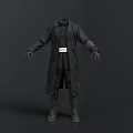 Dark Colored Outfit With Long Black Coat White Belt Red Striped Sleeves Black Pants Boots