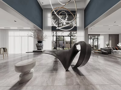 Modern Dining Living Room Interior With Large Windows Gray Flooring And Art Sculpture 3d model