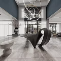Modern Dining Living Room Interior With Large Windows Gray Flooring And Art Sculpture