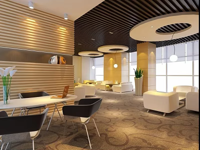 Modern Lounge Area Interior Design With Wooden Walls Circular Lights And Comfortable Seating 3d model
