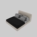 Modern Double Bed With Beige Headboard Black Mattress And Gray Pillows