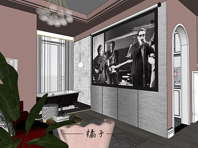 Modern Luxurious Hotel Room With Pink Walls Chandelier And Black White Photo Wall 3d model