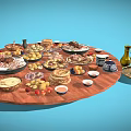 Assorted Delicious Foods on Round Wooden Table with Meats Fruits Pastries Sauces and Golden Teapot