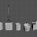 Bathroom Utility Sinks And Mop Buckets With Cleaning Tools On Gray Tiles
