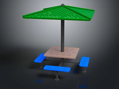 Outdoor Table With Green Canopy Square Tabletop Blue Benches And Metal Frame 3d model