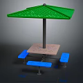 Outdoor Table With Green Canopy Square Tabletop Blue Benches And Metal Frame