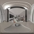 Modern Warm Tone Living And Dining Room With Leather Sofa And Full Wall Storage Cabinets