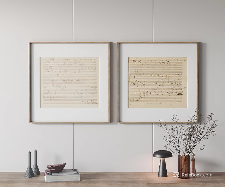 Framed Sheet Music Wall Decor Interior Design With Vase And Decorative Items 3d model